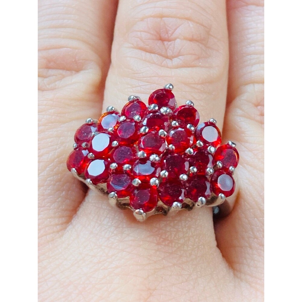 Silver plated red glass cluster ring size 7.35